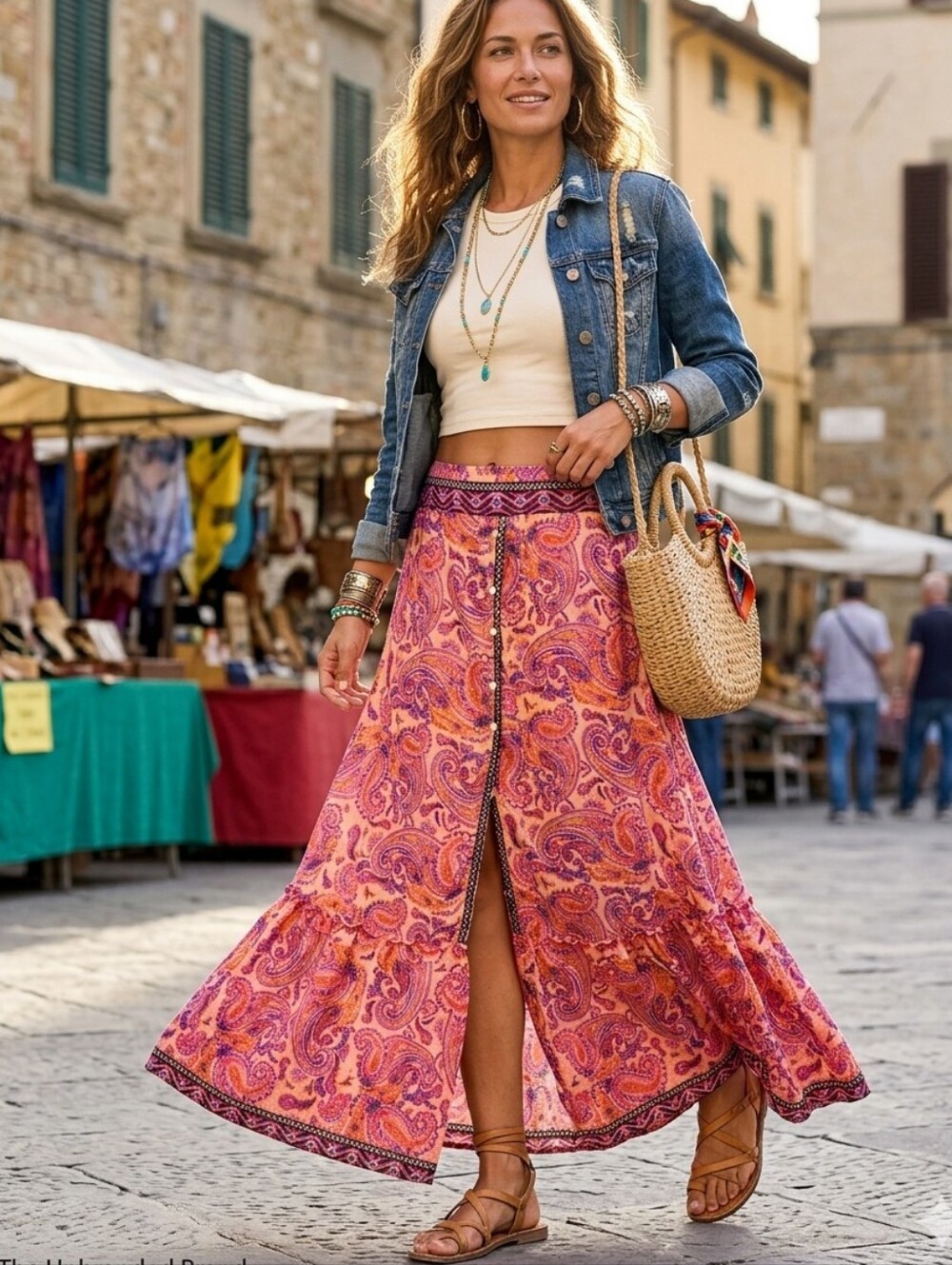 Vibrant Pink Paisley Boho Tiered Maxi Skirt Front Button Slit Smocked Waistband - Picture 1 of 13